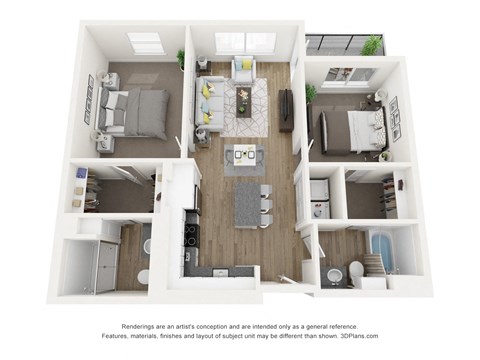 Floor plan for 2 beds, 2 baths, 980 sqft